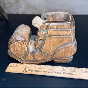 Carved Wooden Boot Shaped pen, trinket holder signed 1983